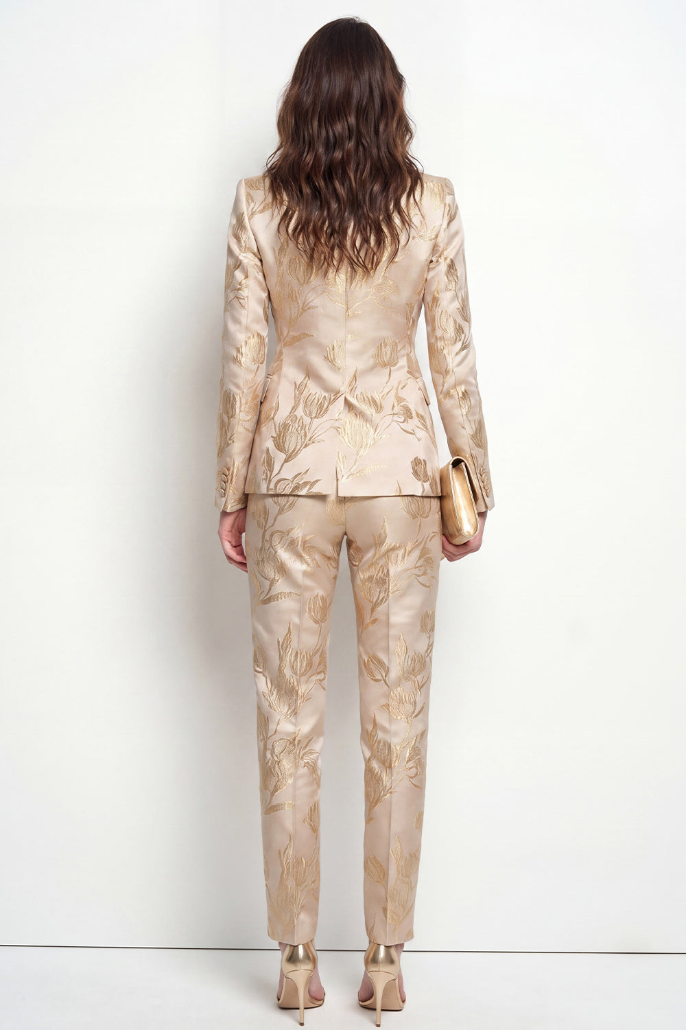 Golden 2 Piece Jacquard Peak Lapel One Button Slim Fit Women Suits