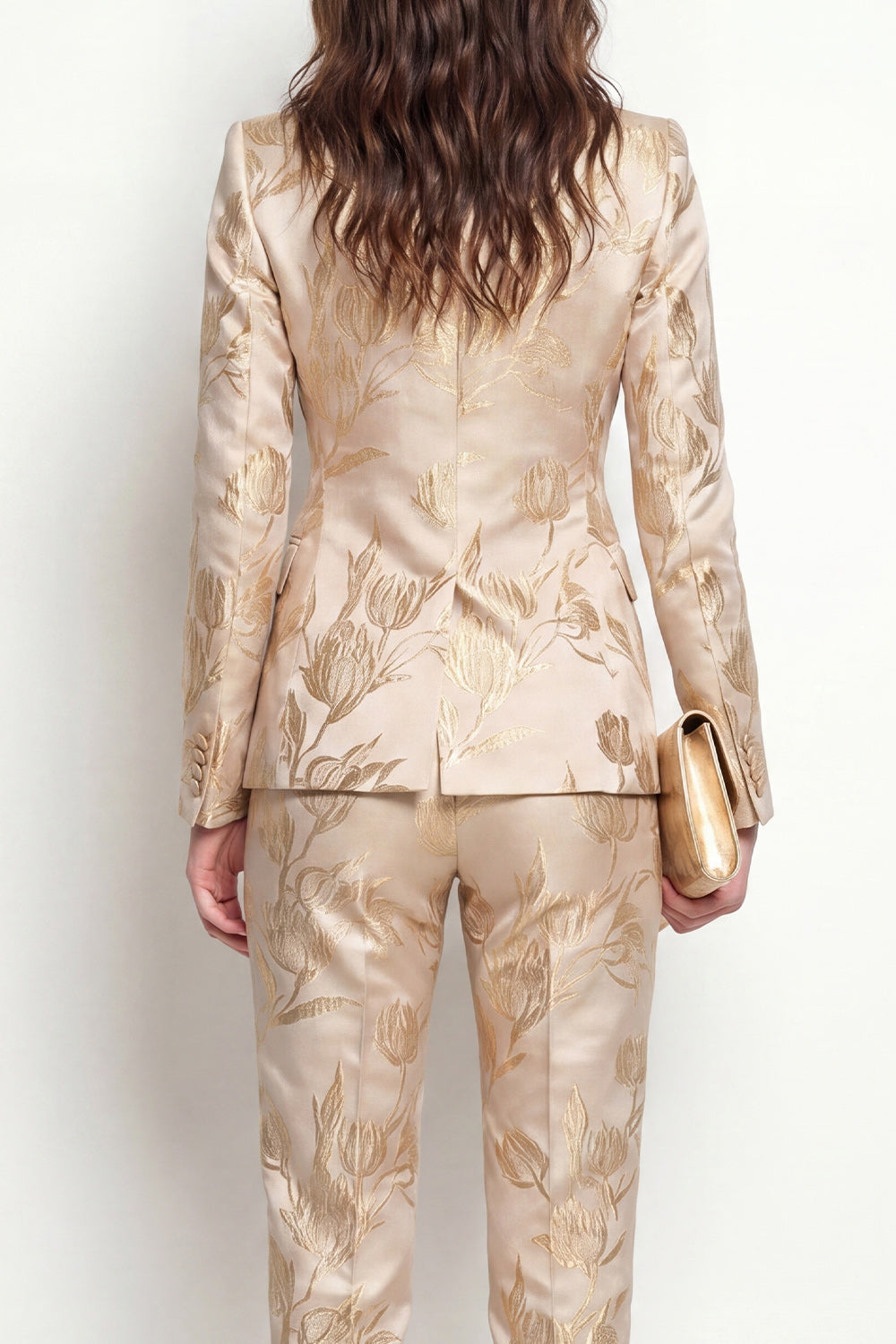 Golden 2 Piece Jacquard Peak Lapel One Button Slim Fit Women Suits