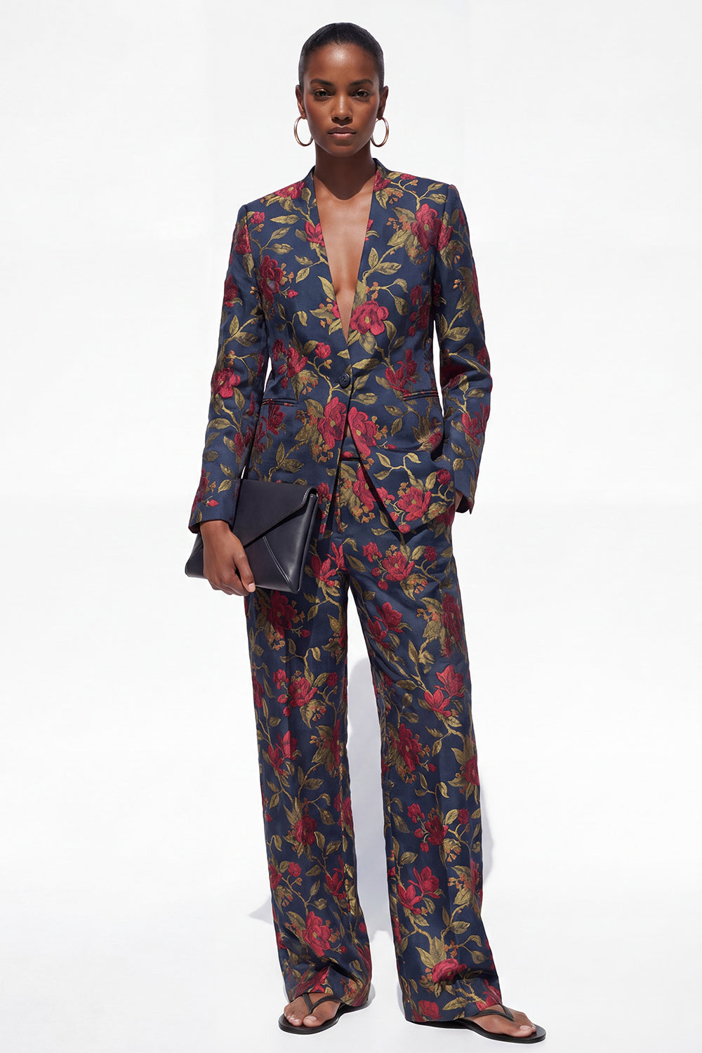 Black 2 Piece One Button Floral Jacquard Women Suits