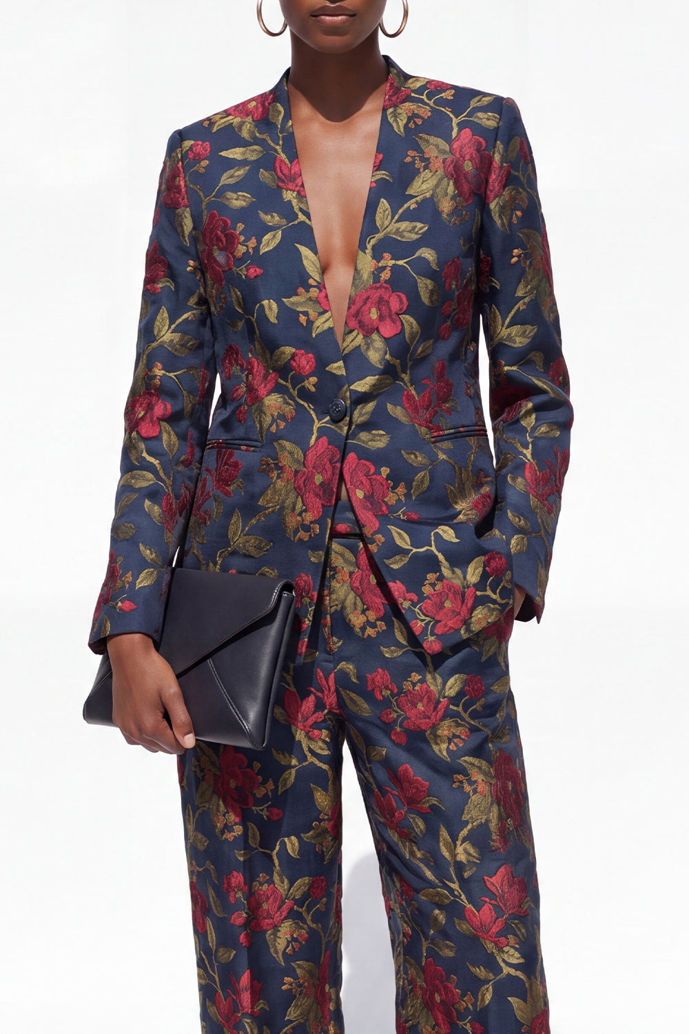 Black 2 Piece One Button Floral Jacquard Women Suits