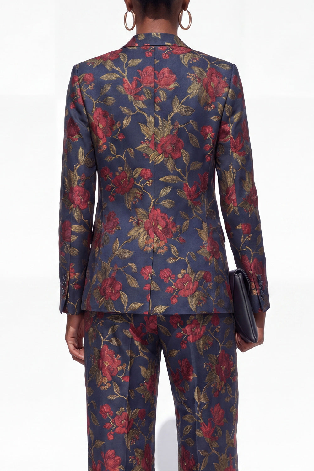 Black 2 Piece One Button Floral Jacquard Women Suits