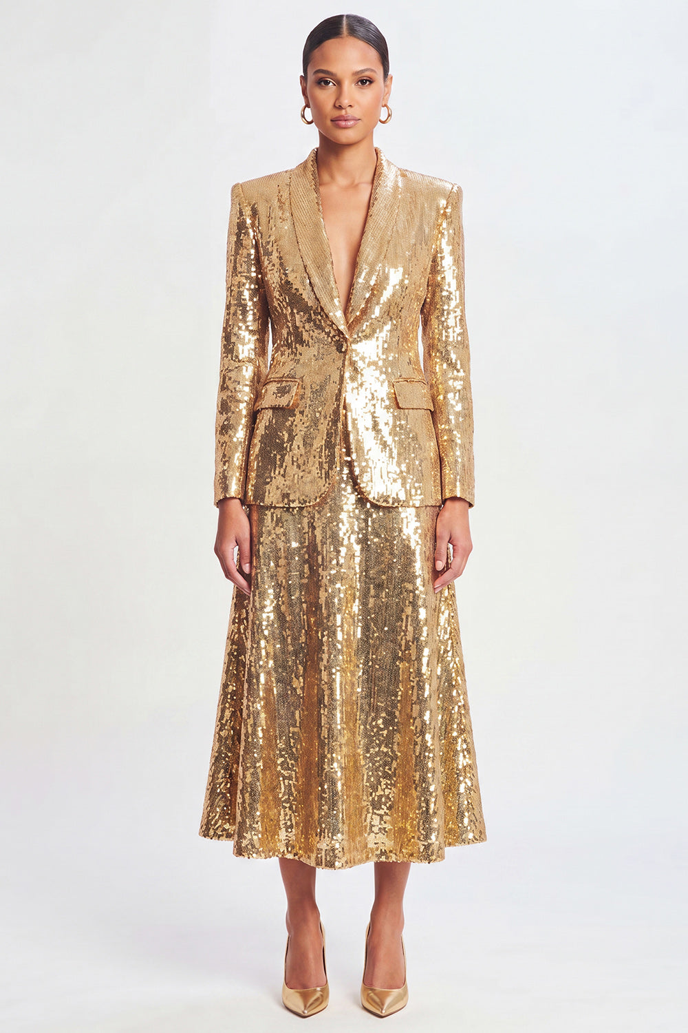 Sparkly Golden Shawl Lapel 2 Piece Women's Skirt Suits with Sequins