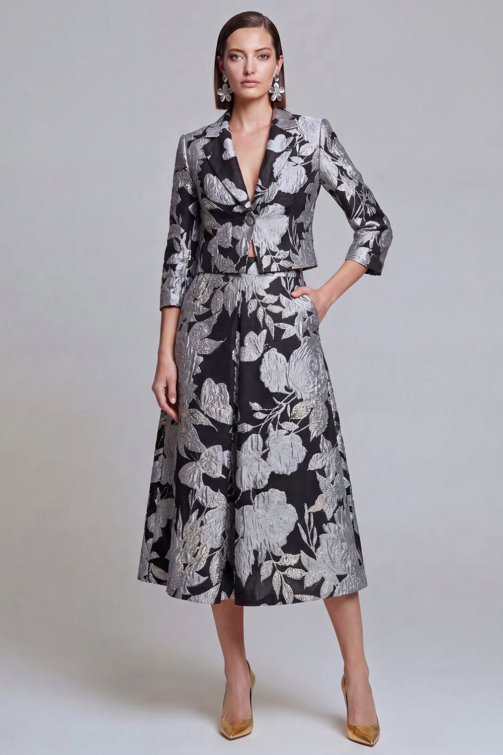 Sage Green Floral 2 Piece Notched Lapel Women's Skirt Suits with Pockets