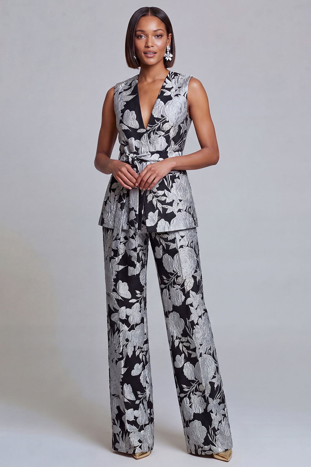 Ensemble 2 pièces pour femme, col en V, motif floral bleu marine et rose, avec ceinture