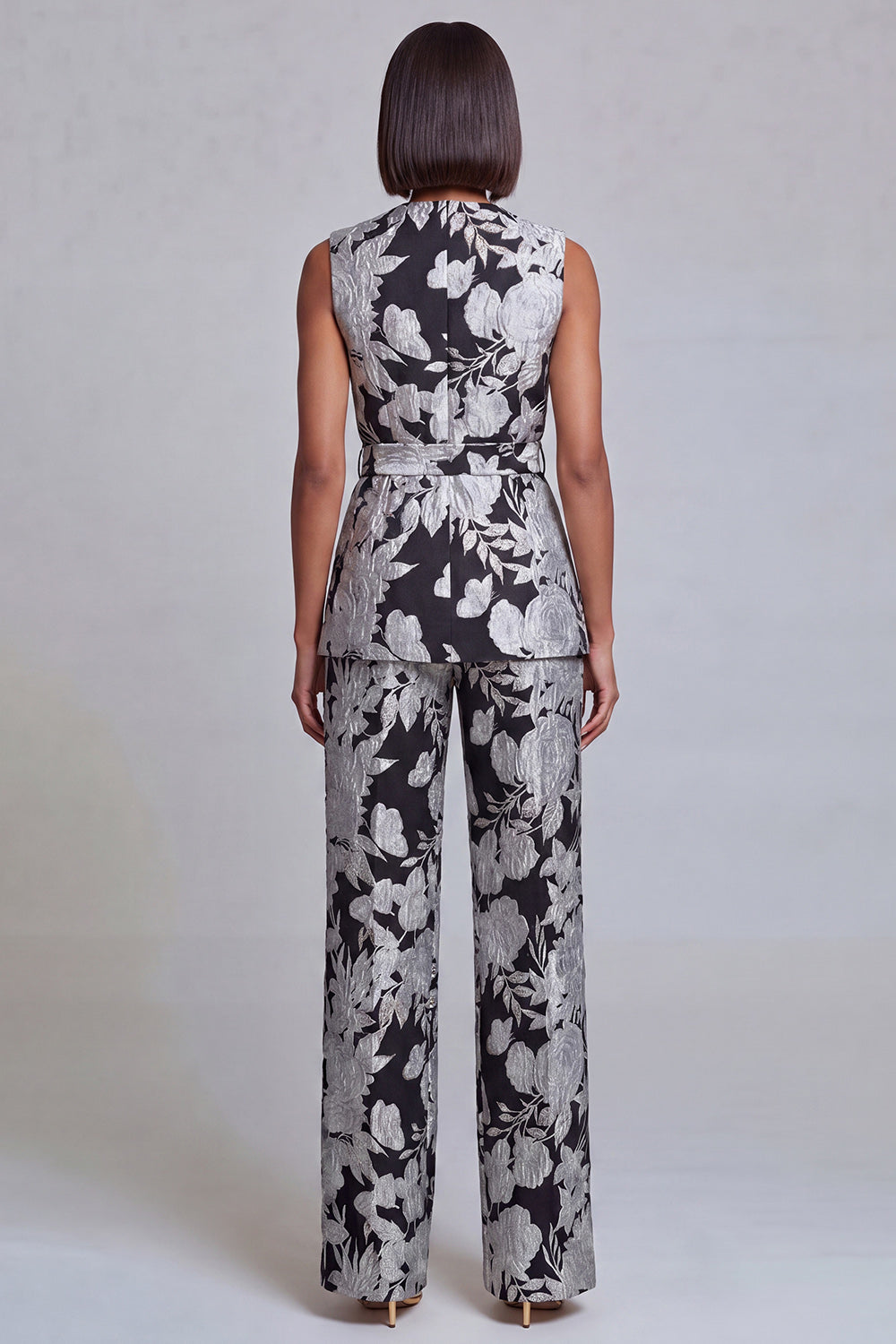 Ensemble 2 pièces pour femme, col en V, motif floral bleu marine et rose, avec ceinture