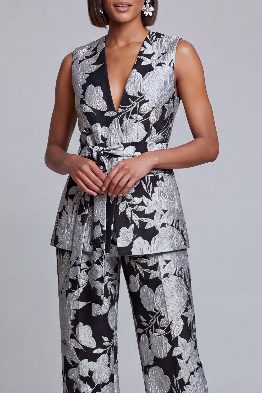 Ensemble 2 pièces pour femme, col en V, motif floral bleu marine et rose, avec ceinture