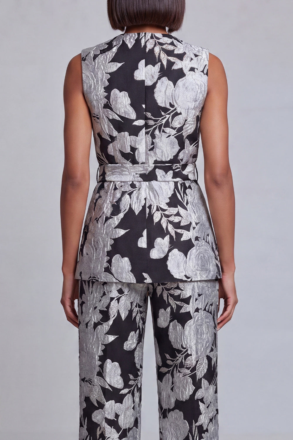 Ensemble 2 pièces pour femme, col en V, motif floral bleu marine et rose, avec ceinture