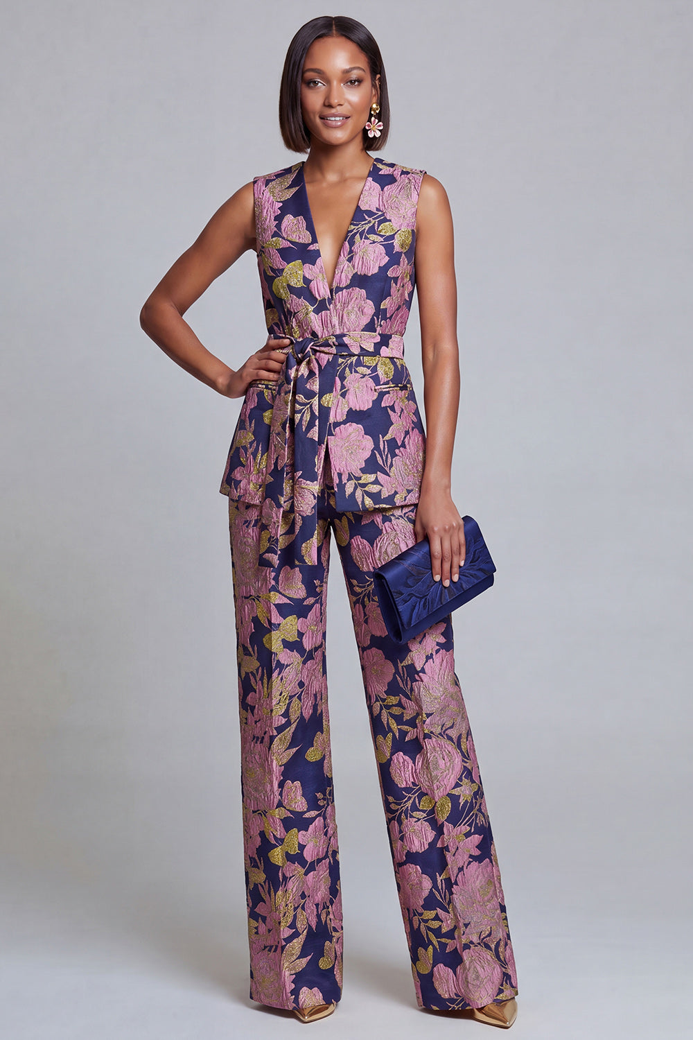 Ensemble 2 pièces pour femme, col en V, motif floral bleu marine et rose, avec ceinture