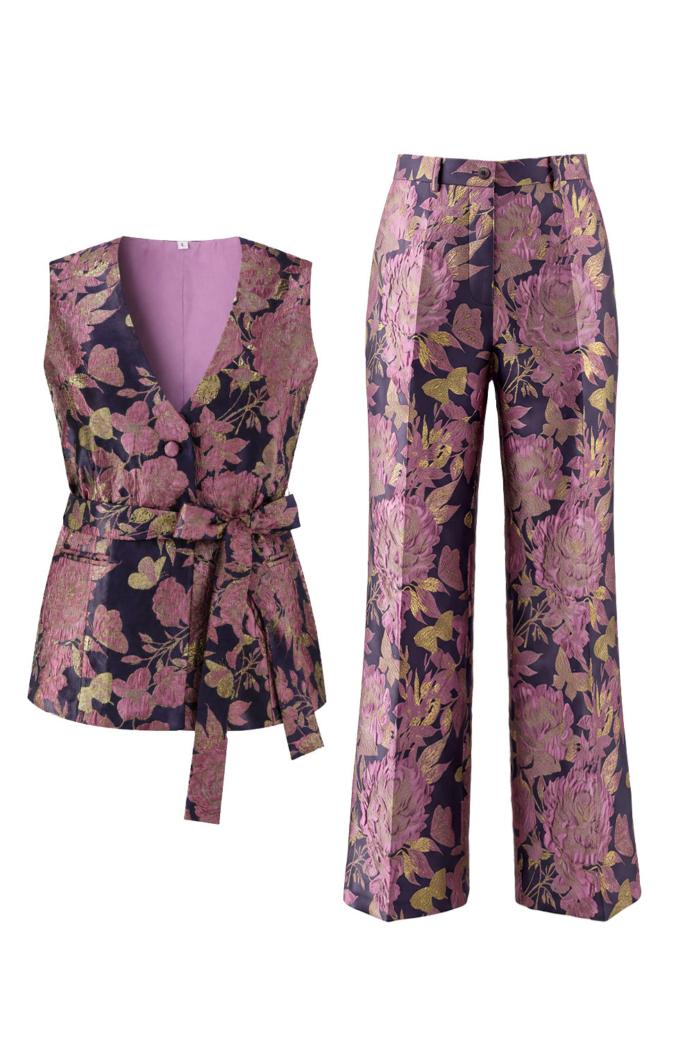 Ensemble 2 pièces pour femme, col en V, motif floral bleu marine et rose, avec ceinture
