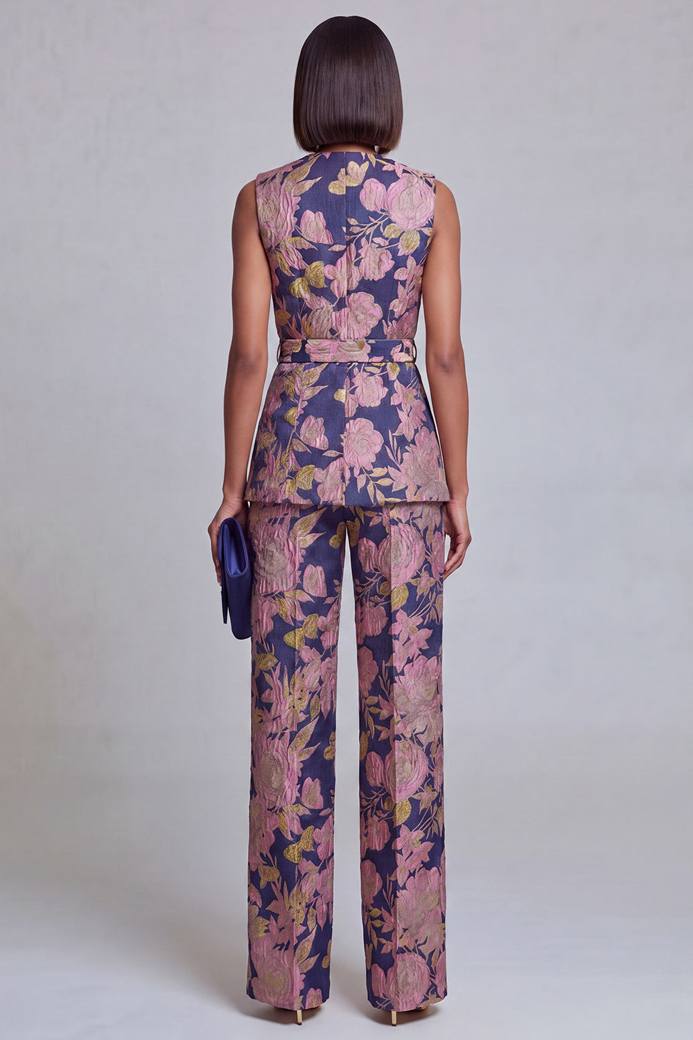Ensemble 2 pièces pour femme, col en V, motif floral bleu marine et rose, avec ceinture