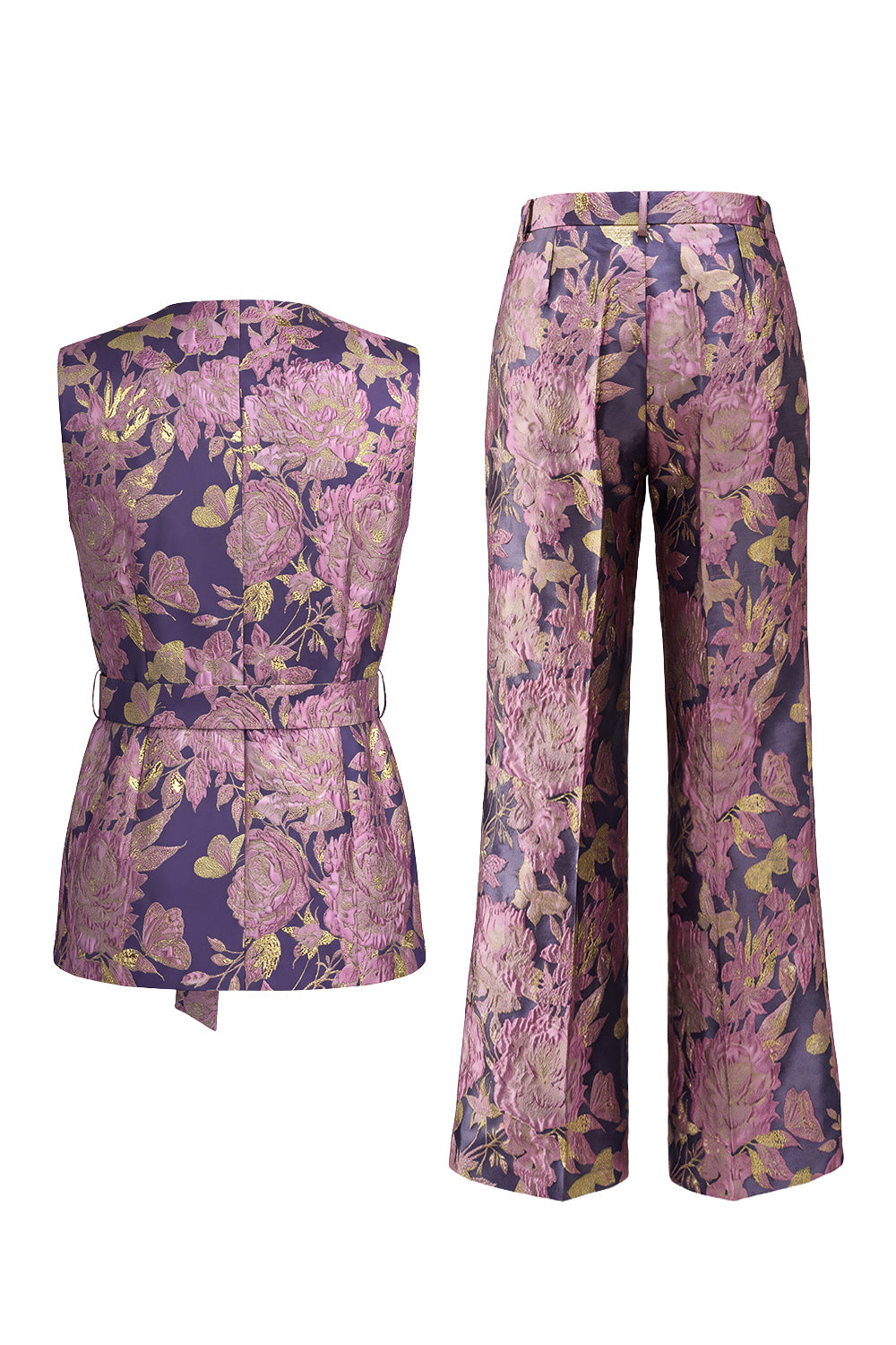 Ensemble 2 pièces pour femme, col en V, motif floral bleu marine et rose, avec ceinture