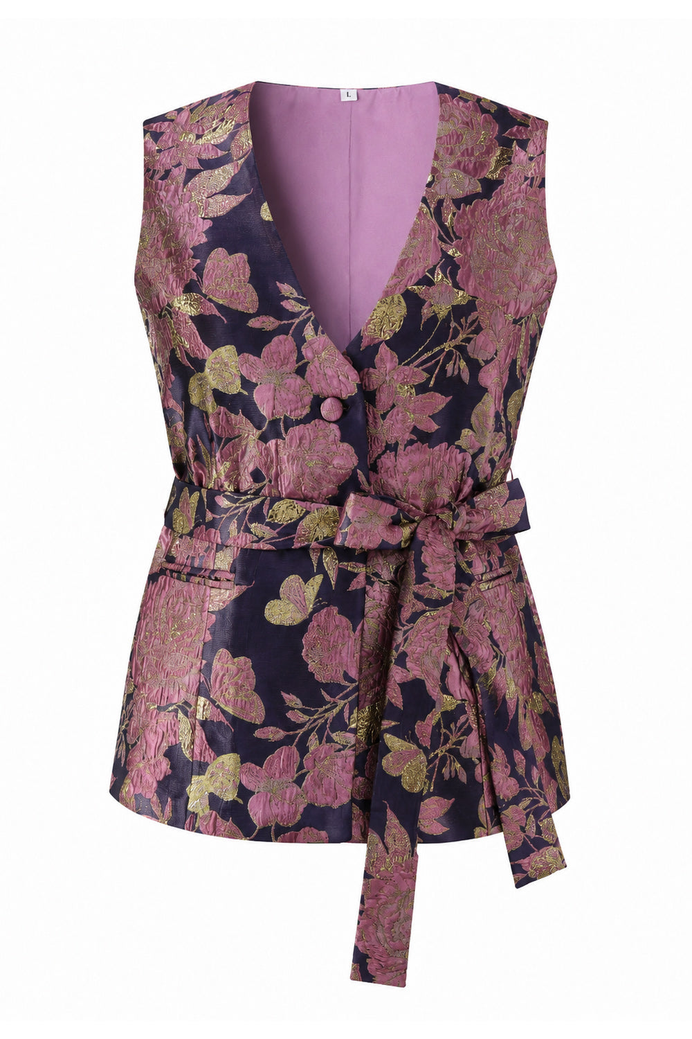 Ensemble 2 pièces pour femme, col en V, motif floral bleu marine et rose, avec ceinture