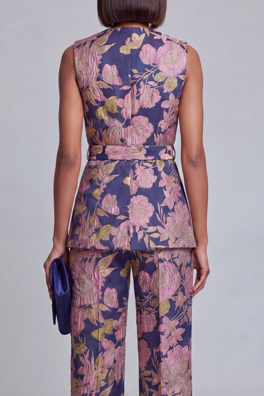 Ensemble 2 pièces pour femme, col en V, motif floral bleu marine et rose, avec ceinture