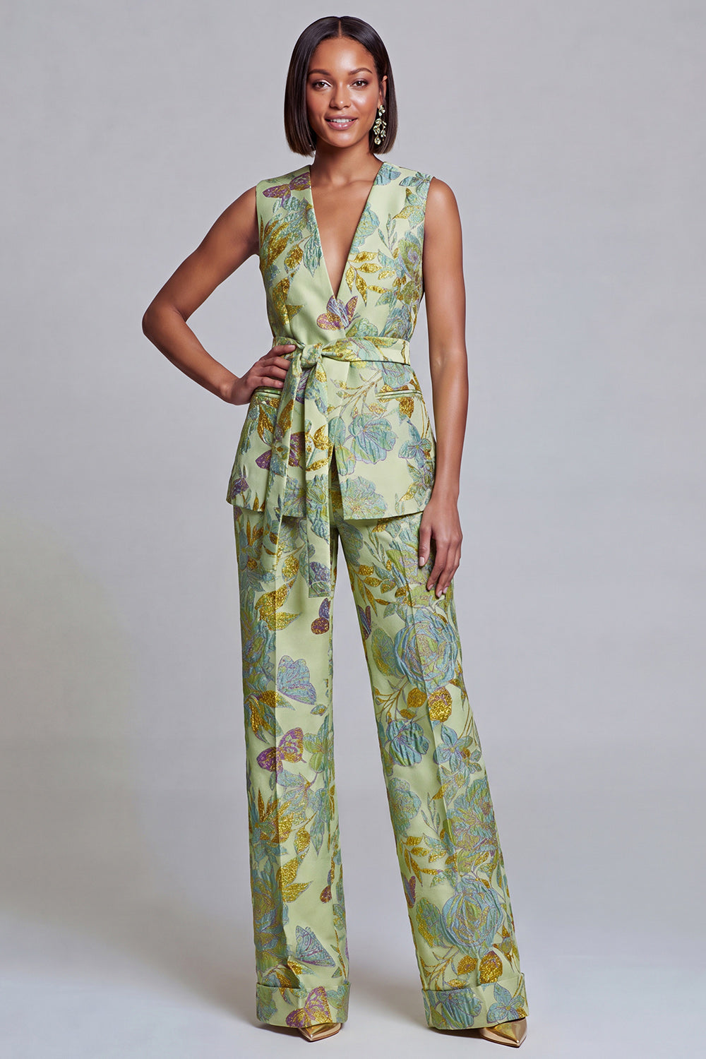 Ensemble 2 pièces pour femme, col en V, motif floral bleu marine et rose, avec ceinture