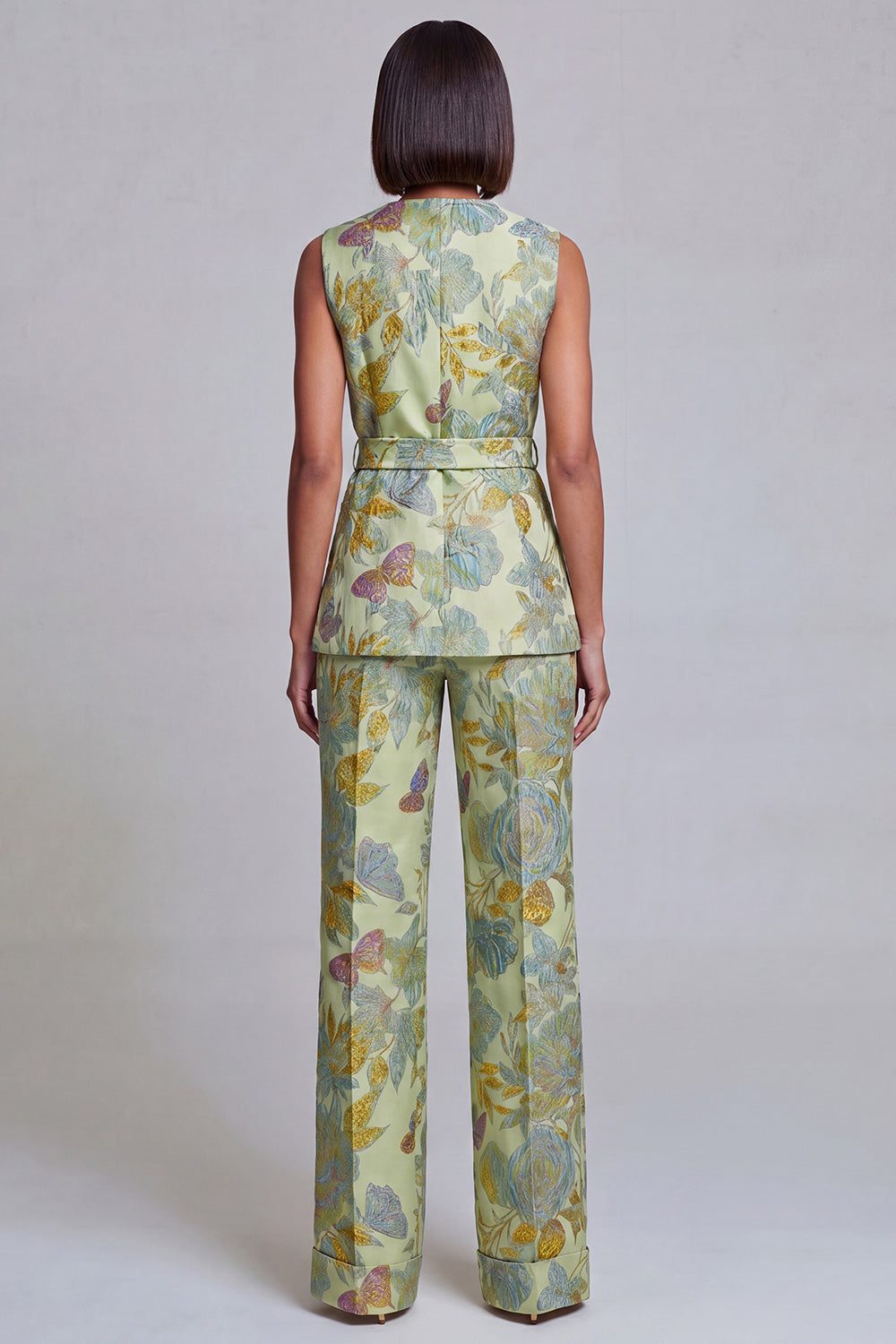 Ensemble 2 pièces pour femme, col en V, motif floral bleu marine et rose, avec ceinture