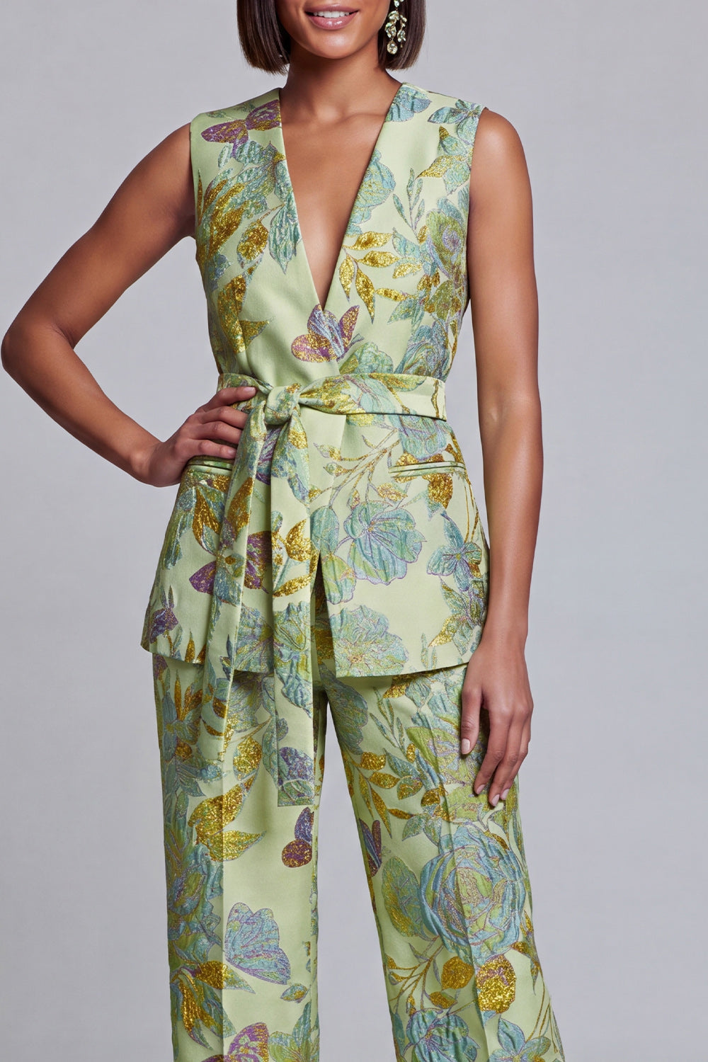 Ensemble 2 pièces pour femme, col en V, motif floral bleu marine et rose, avec ceinture