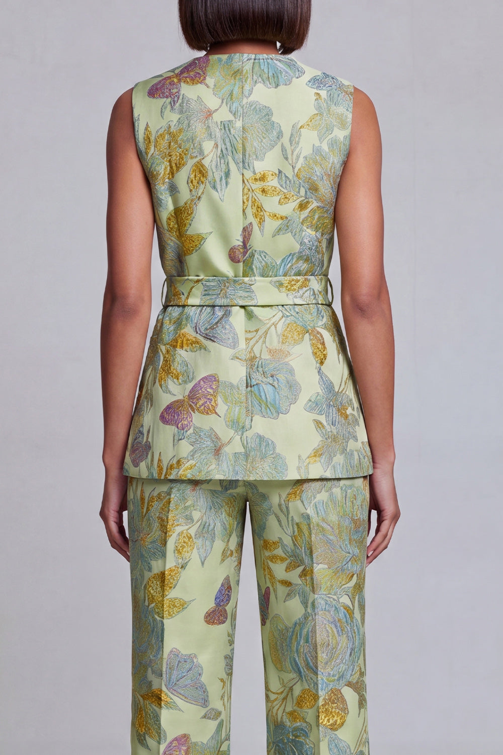 Ensemble 2 pièces pour femme, col en V, motif floral bleu marine et rose, avec ceinture