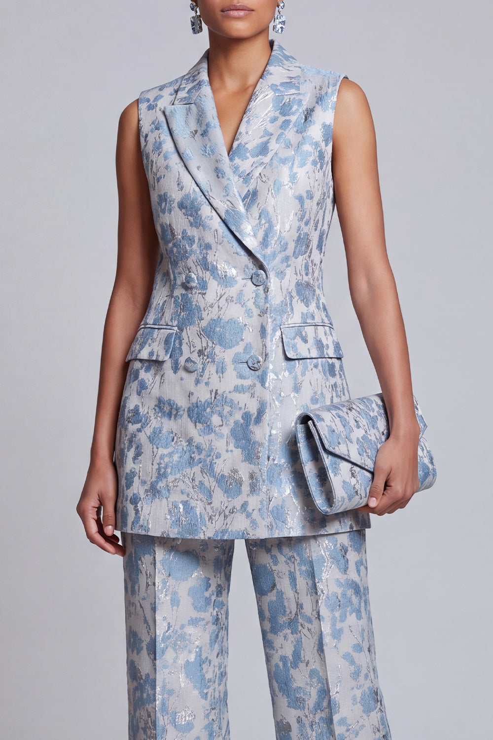 2 Piece Dusty Blue Floral Double Breasted Peak Lapel Women Suits