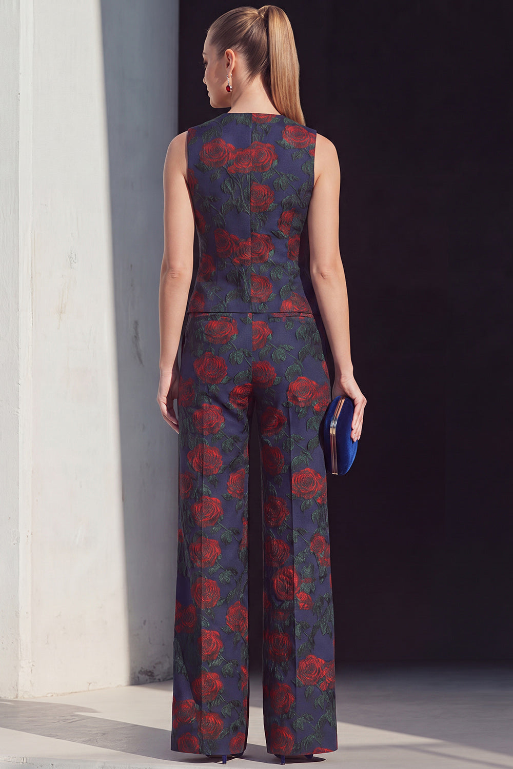 Navy Floral Double Breasted 2 Piece Women Suits with Pockets