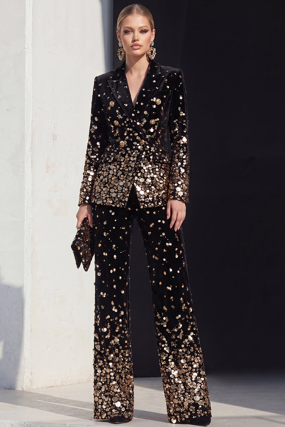 Black Champagne 2 Piece Peak Lapel Women Suits with Sequins