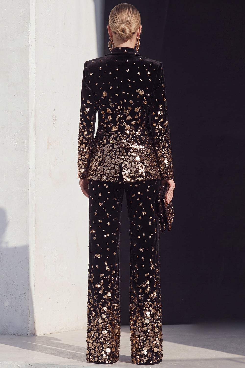 Black Champagne 2 Piece Peak Lapel Women Suits with Sequins
