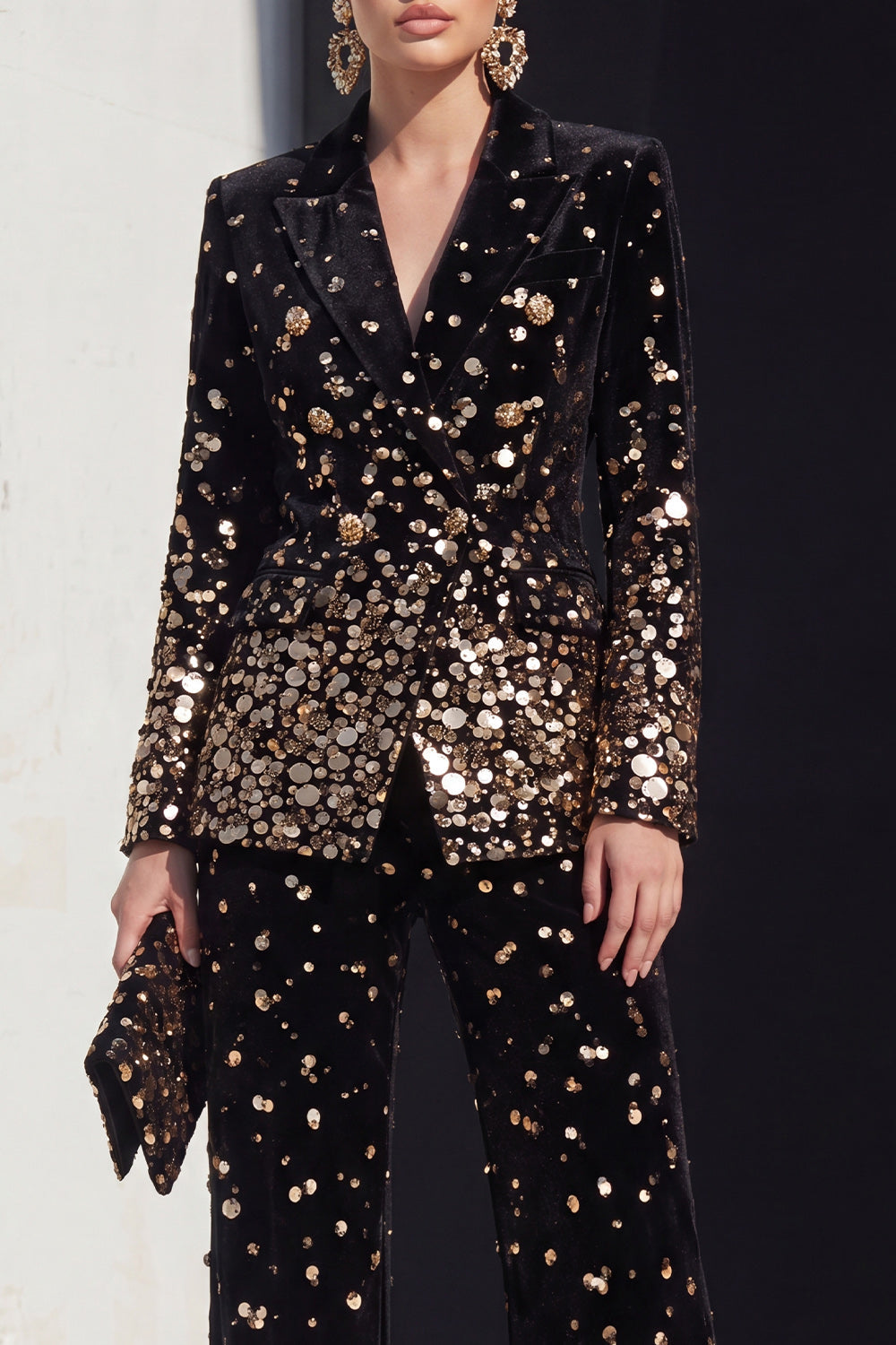 Black Champagne 2 Piece Peak Lapel Women Suits with Sequins