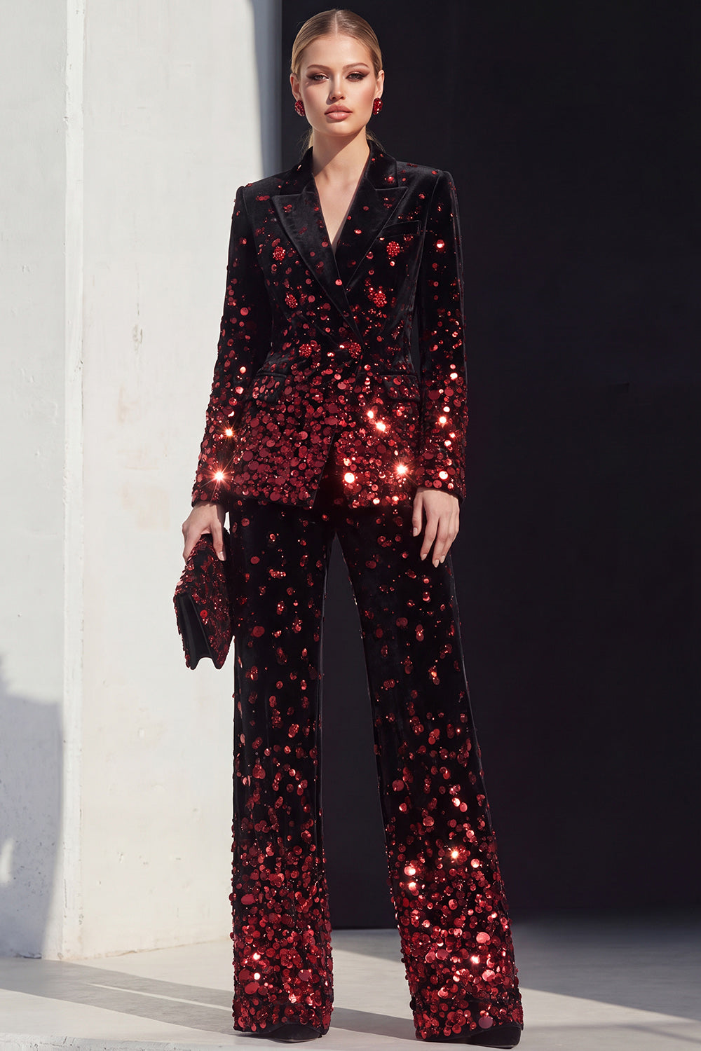 Black Champagne 2 Piece Peak Lapel Women Suits with Sequins