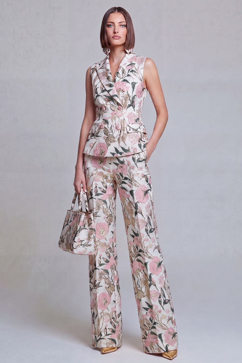 Costumes Femme 2 Pièces Jacquard Floral Bleu Gris Revers Pointus