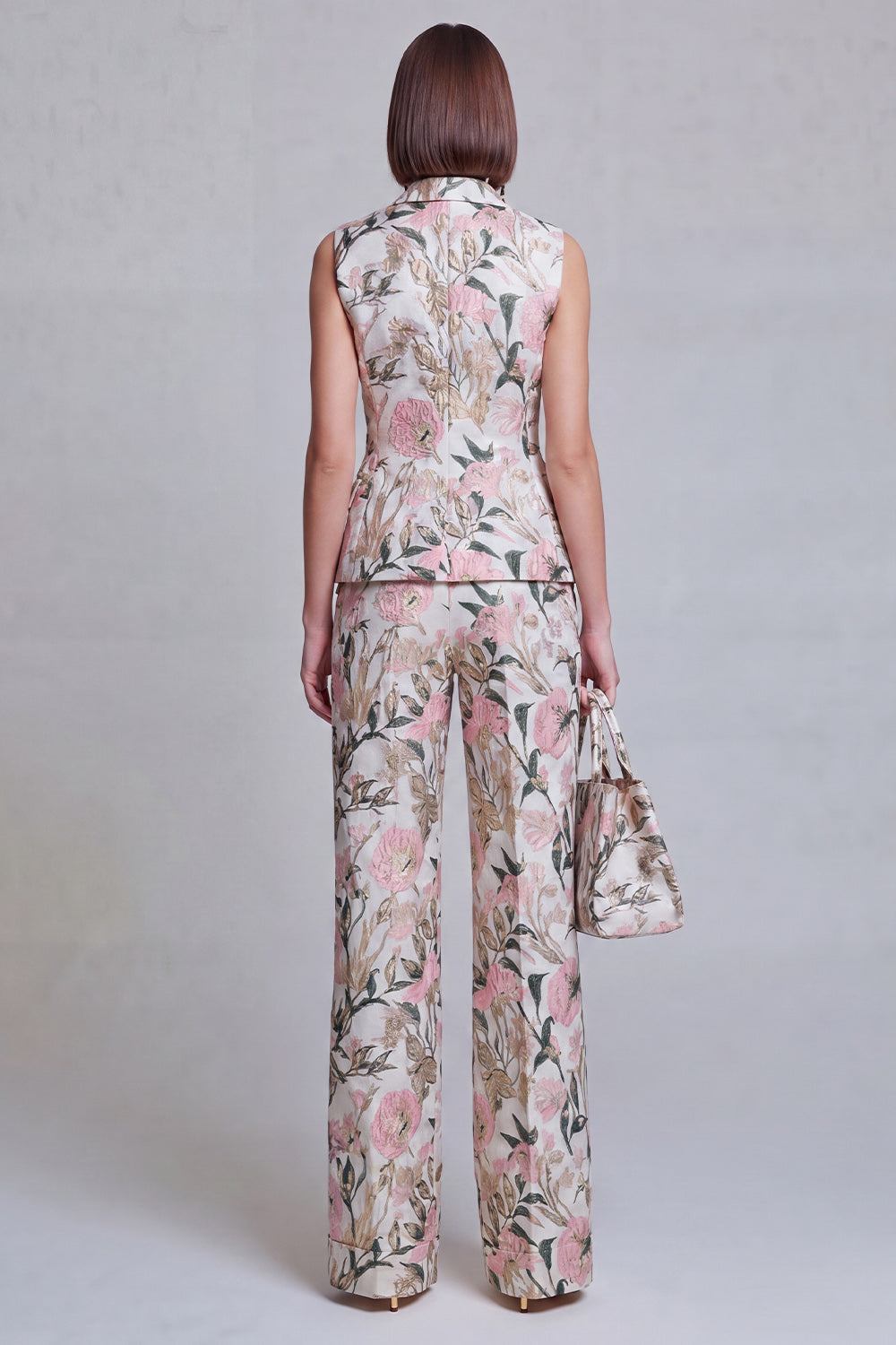 Costumes Femme 2 Pièces Jacquard Floral Bleu Gris Revers Pointus