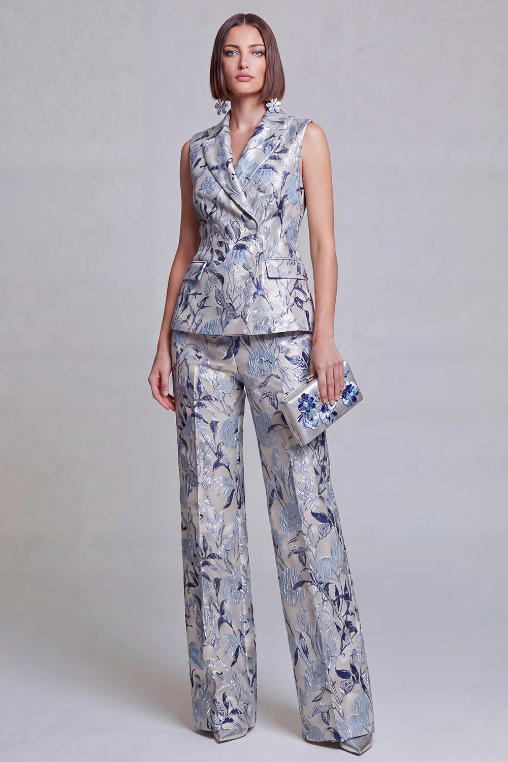 Costumes Femme 2 Pièces Jacquard Floral Bleu Gris Revers Pointus