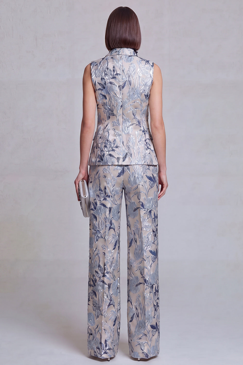 Costumes Femme 2 Pièces Jacquard Floral Bleu Gris Revers Pointus