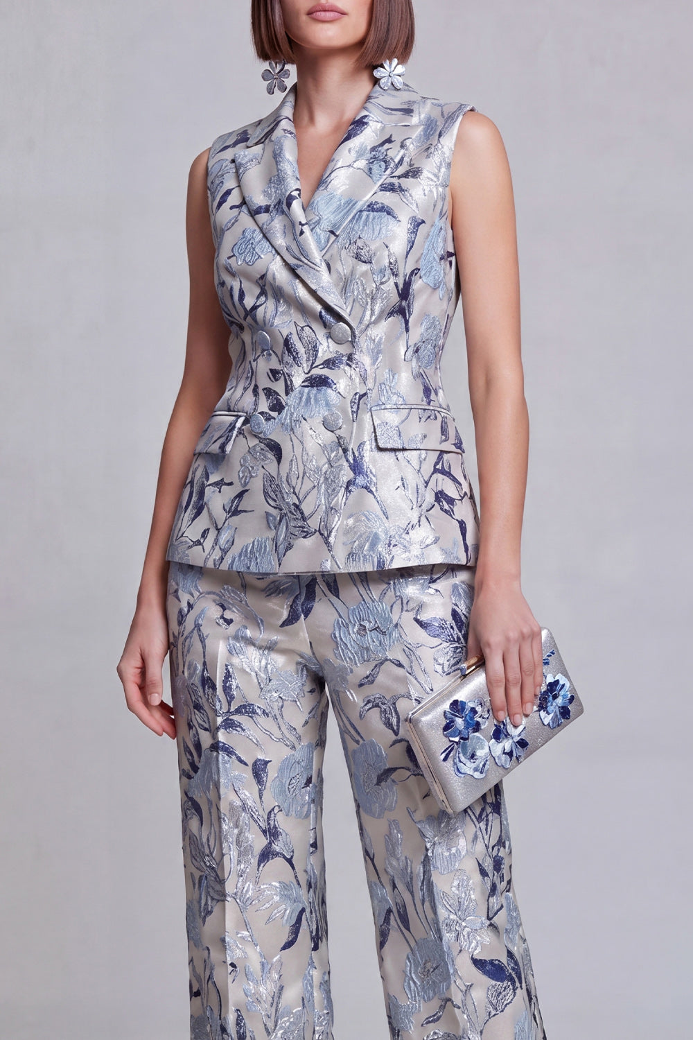 Costumes Femme 2 Pièces Jacquard Floral Bleu Gris Revers Pointus