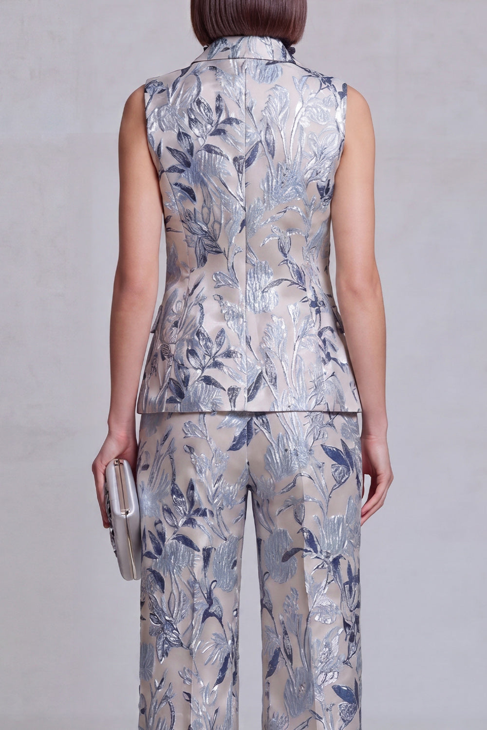 Costumes Femme 2 Pièces Jacquard Floral Bleu Gris Revers Pointus