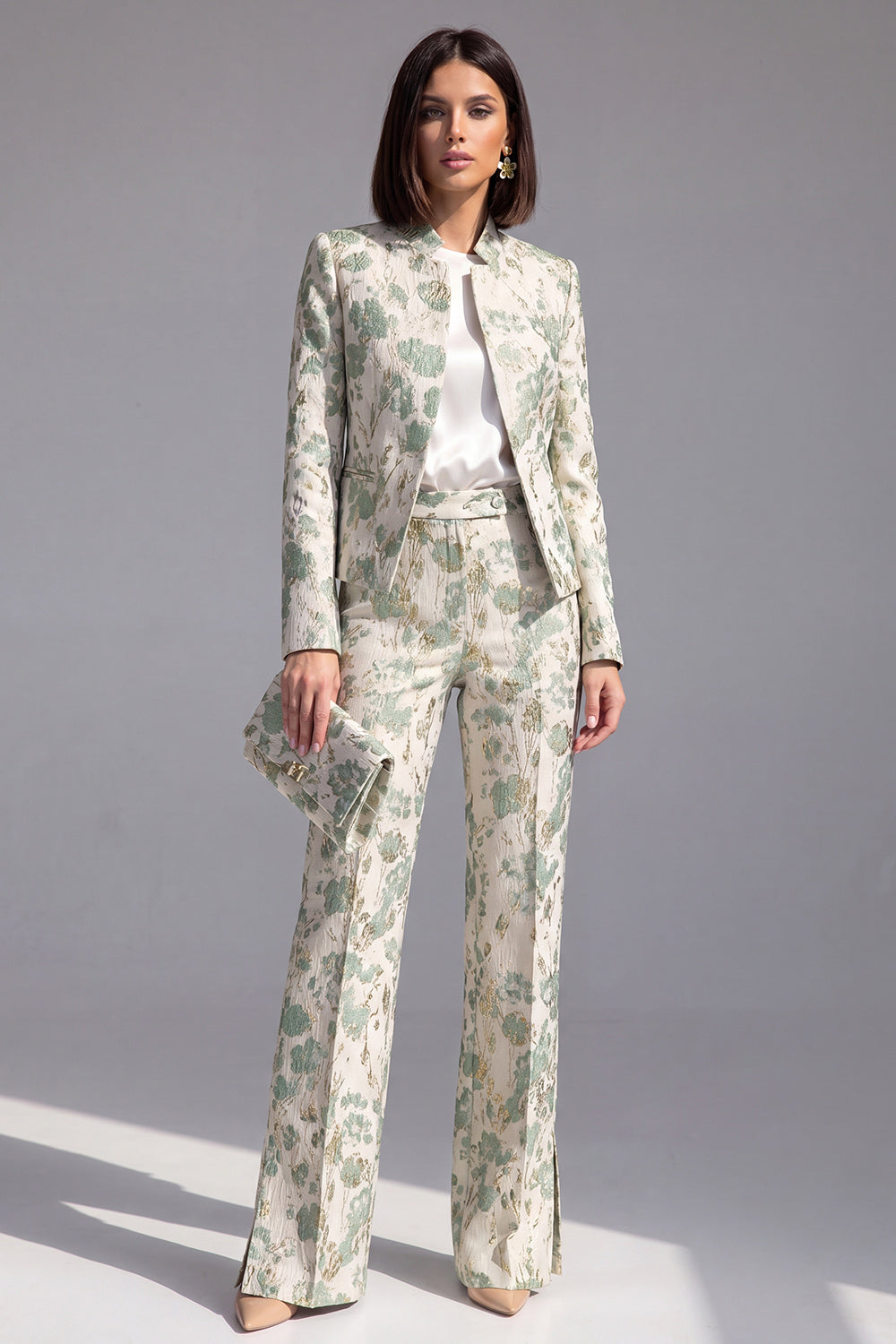 Dusty Green Open-front 2 Piece Slim Fit Floral Women's Suits