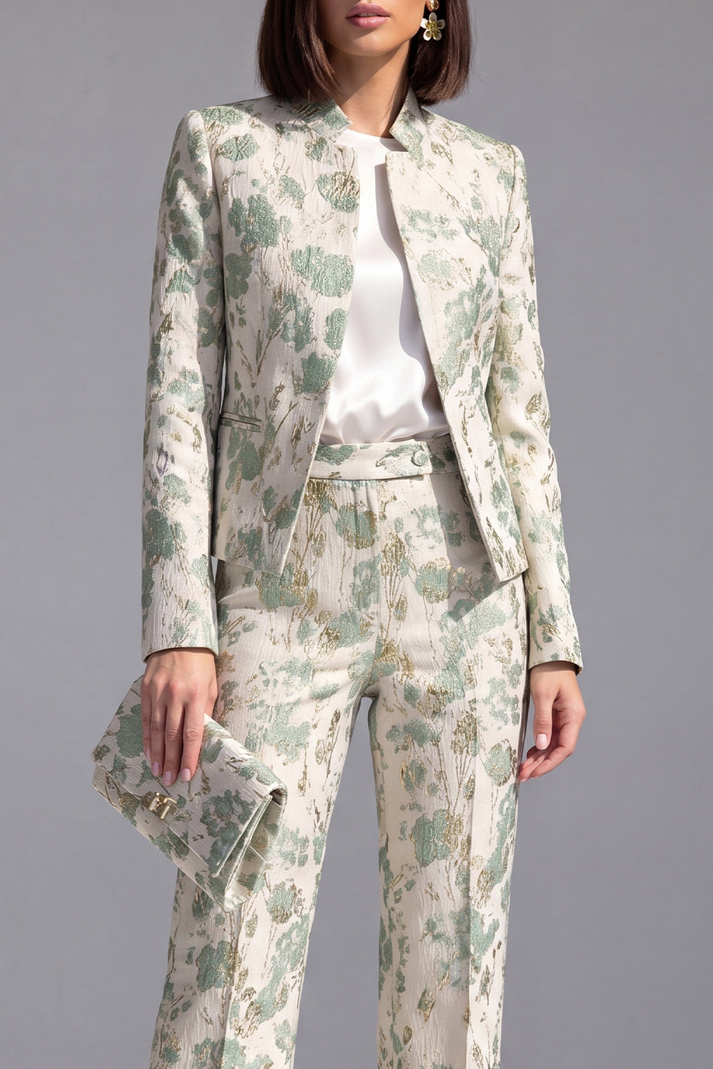 Dusty Green Open-front 2 Piece Slim Fit Floral Women's Suits