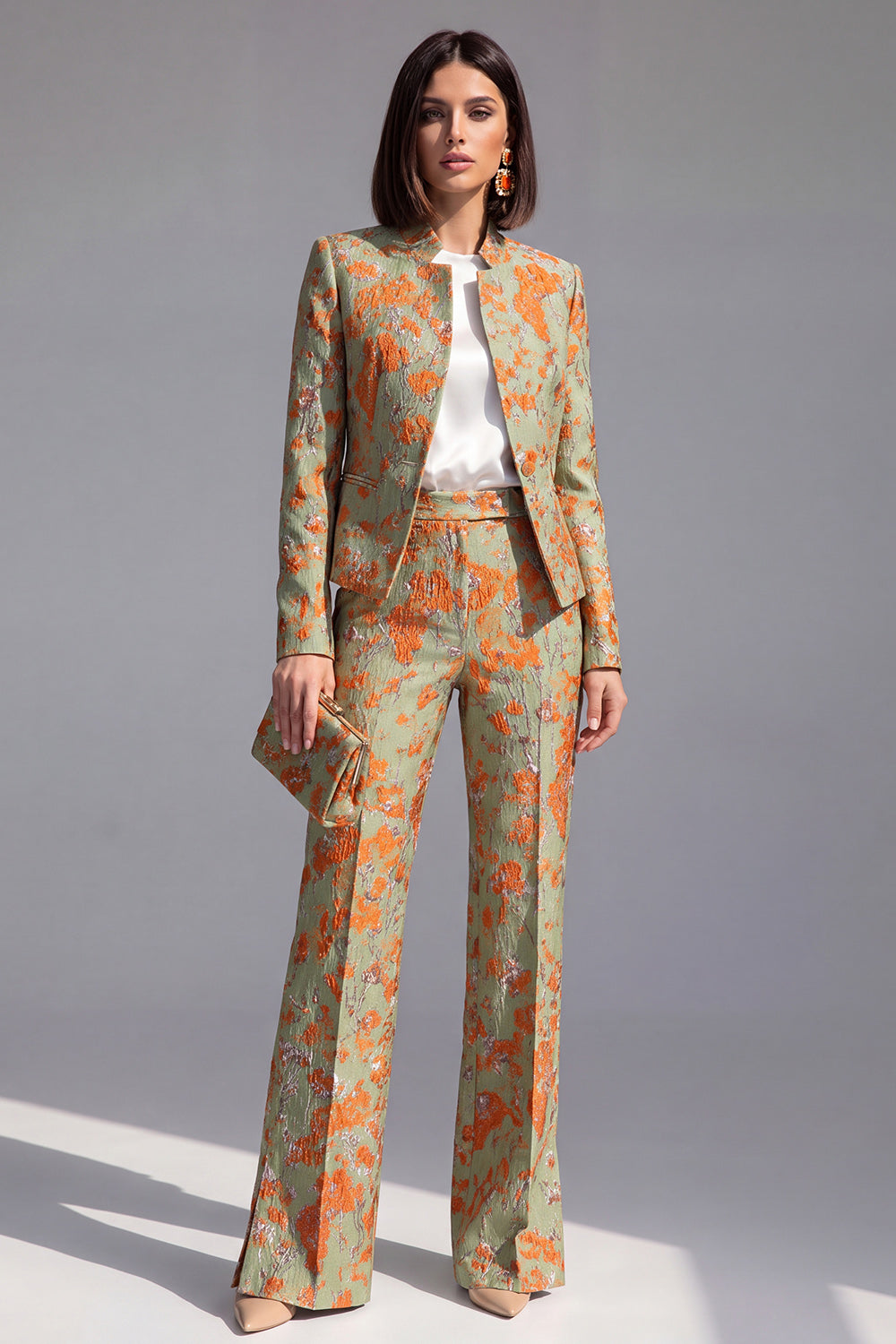 Dusty Green Open-front 2 Piece Slim Fit Floral Women's Suits