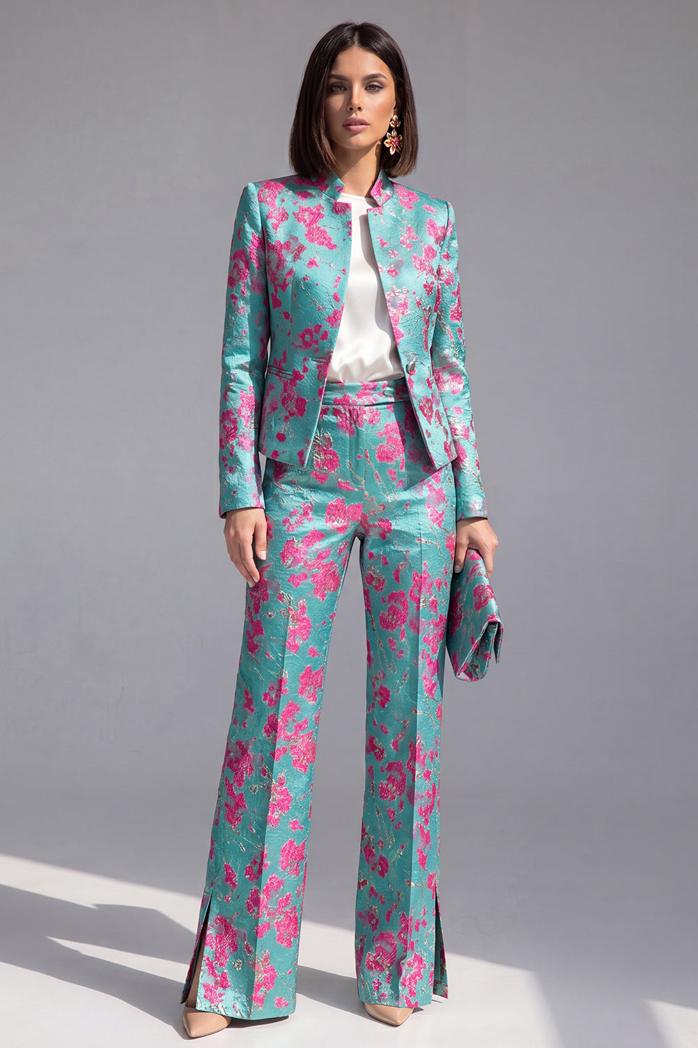 Dusty Green Open-front 2 Piece Slim Fit Floral Women's Suits