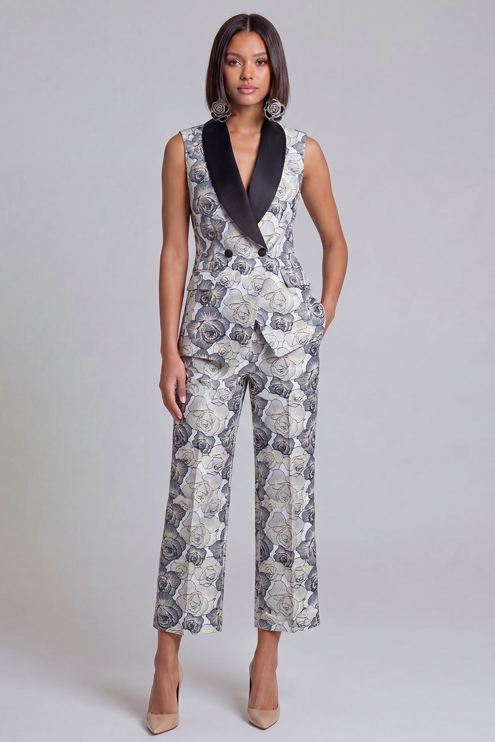 Ensemble deux pièces bleu à revers châle, floral et croisé pour femme avec poches