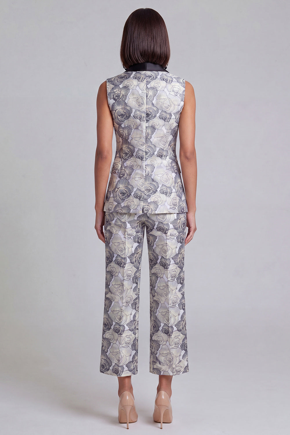 Ensemble deux pièces bleu à revers châle, floral et croisé pour femme avec poches
