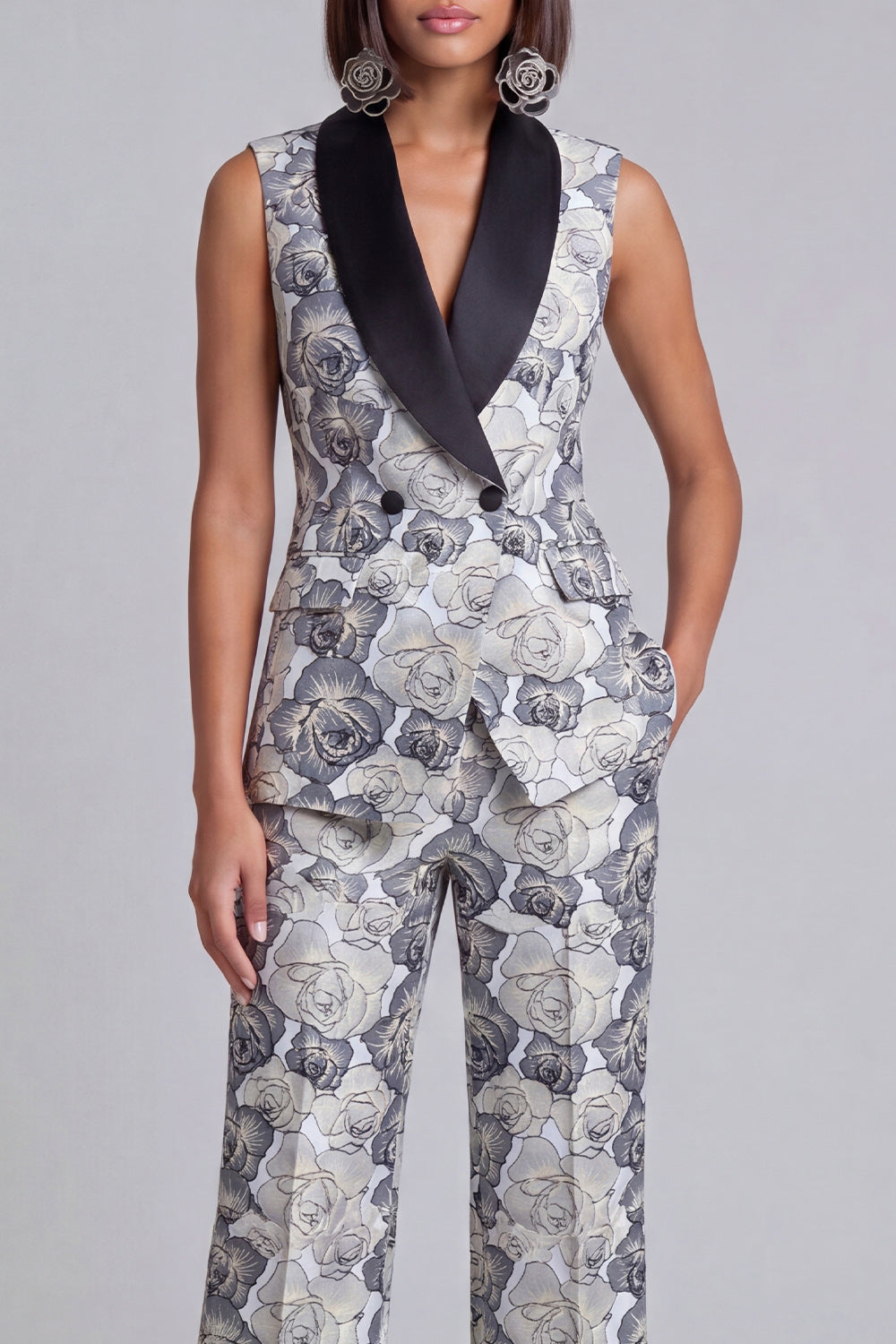 Ensemble deux pièces bleu à revers châle, floral et croisé pour femme avec poches