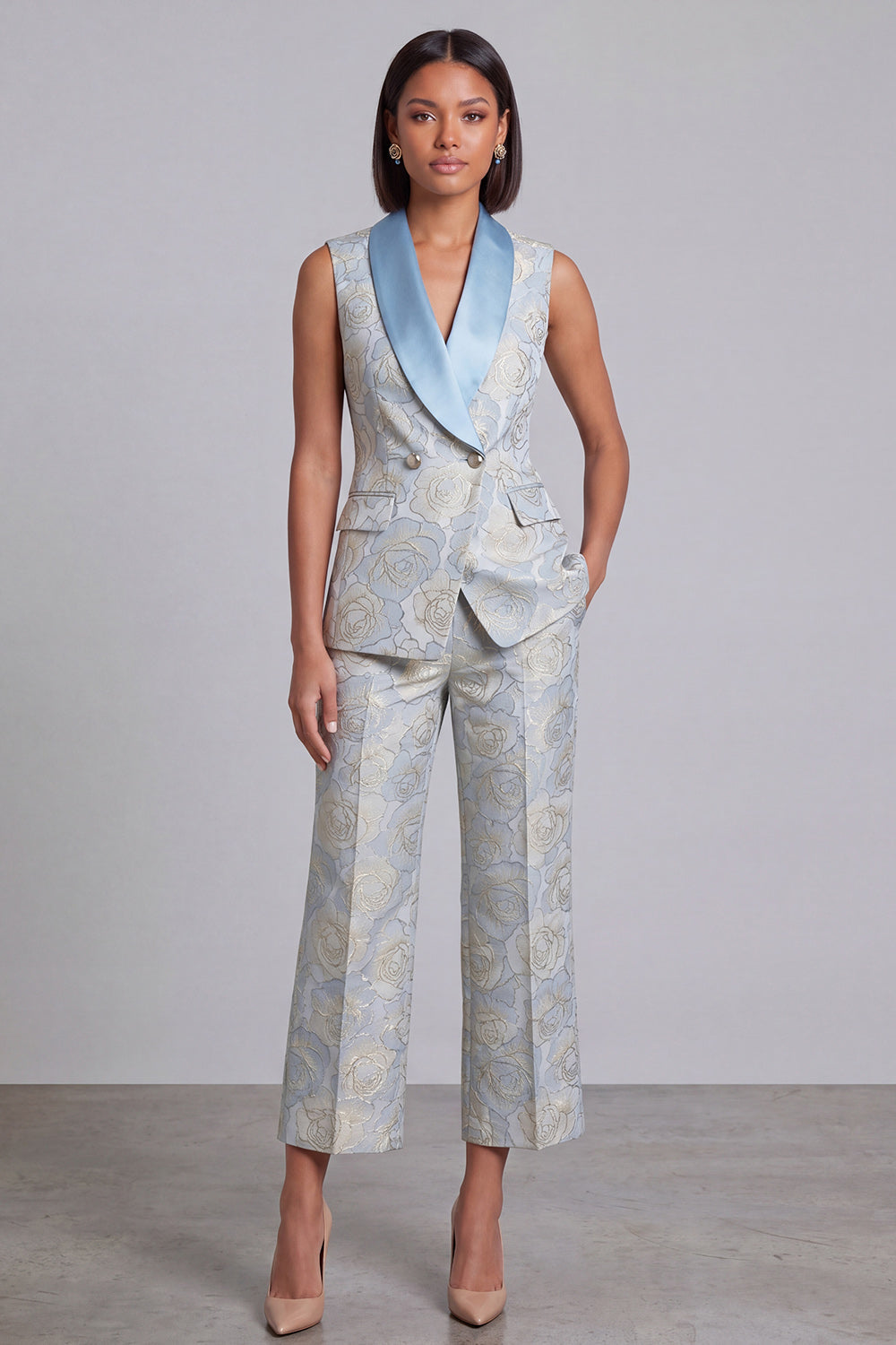 Ensemble deux pièces bleu à revers châle, floral et croisé pour femme avec poches