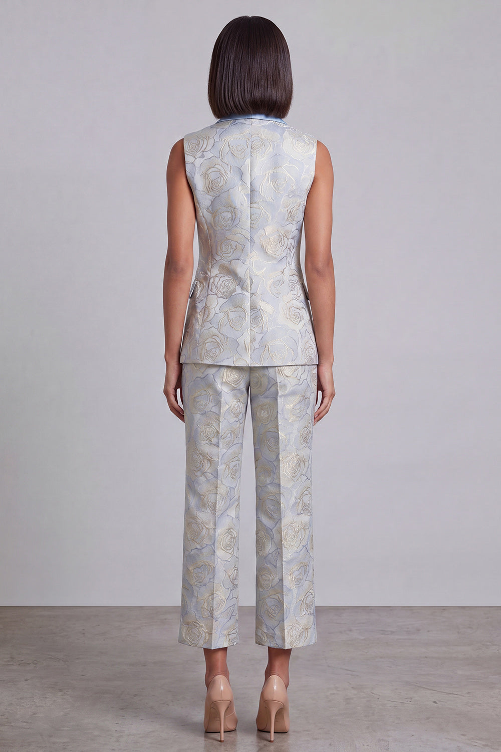 Ensemble deux pièces bleu à revers châle, floral et croisé pour femme avec poches