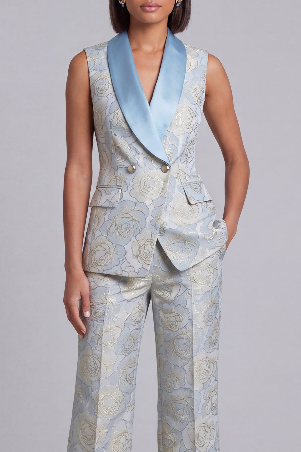 Ensemble deux pièces bleu à revers châle, floral et croisé pour femme avec poches