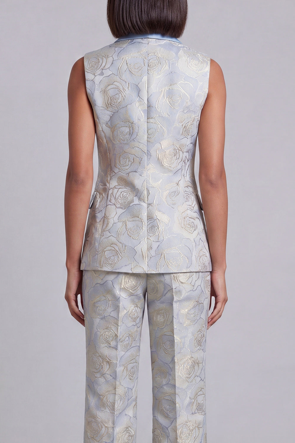 Ensemble deux pièces bleu à revers châle, floral et croisé pour femme avec poches