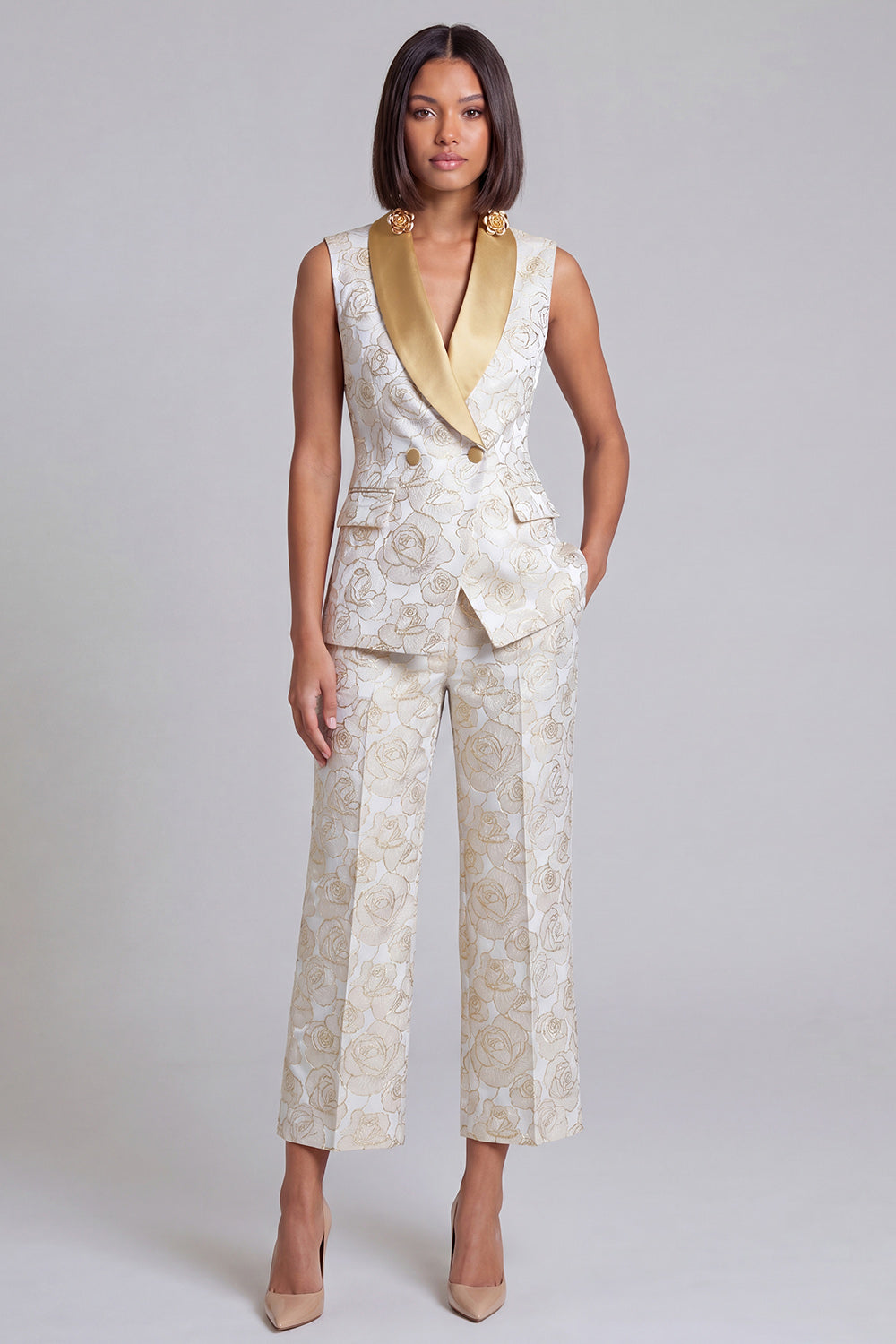 Ensemble deux pièces bleu à revers châle, floral et croisé pour femme avec poches