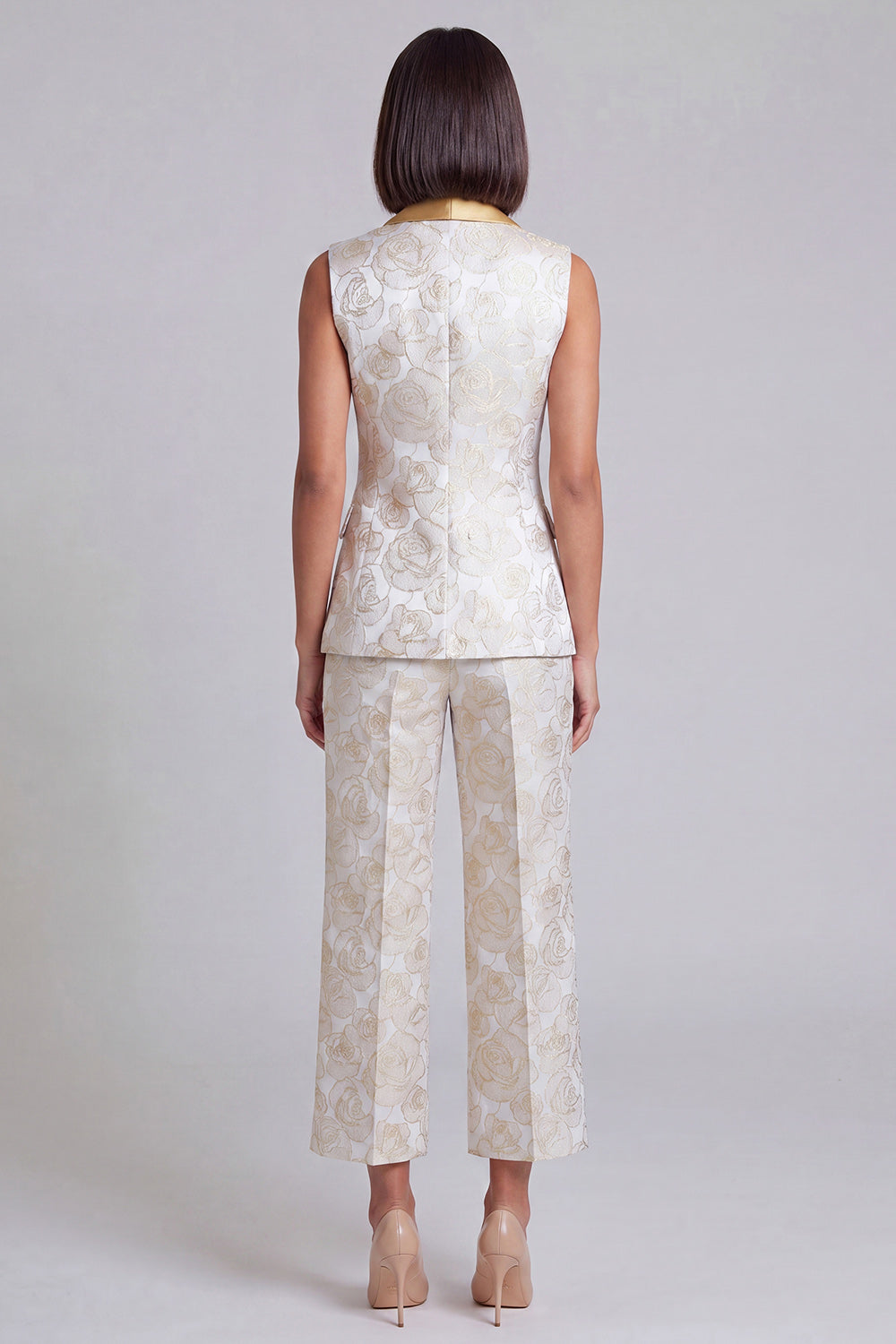 Ensemble deux pièces bleu à revers châle, floral et croisé pour femme avec poches