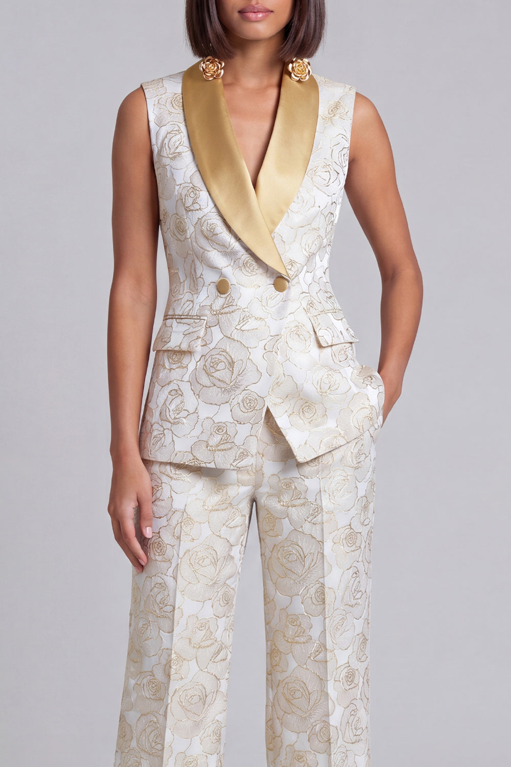 Ensemble deux pièces bleu à revers châle, floral et croisé pour femme avec poches