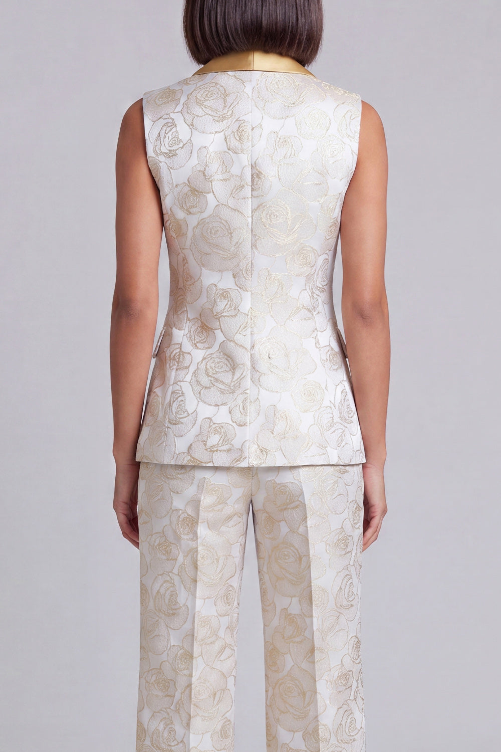 Ensemble deux pièces bleu à revers châle, floral et croisé pour femme avec poches