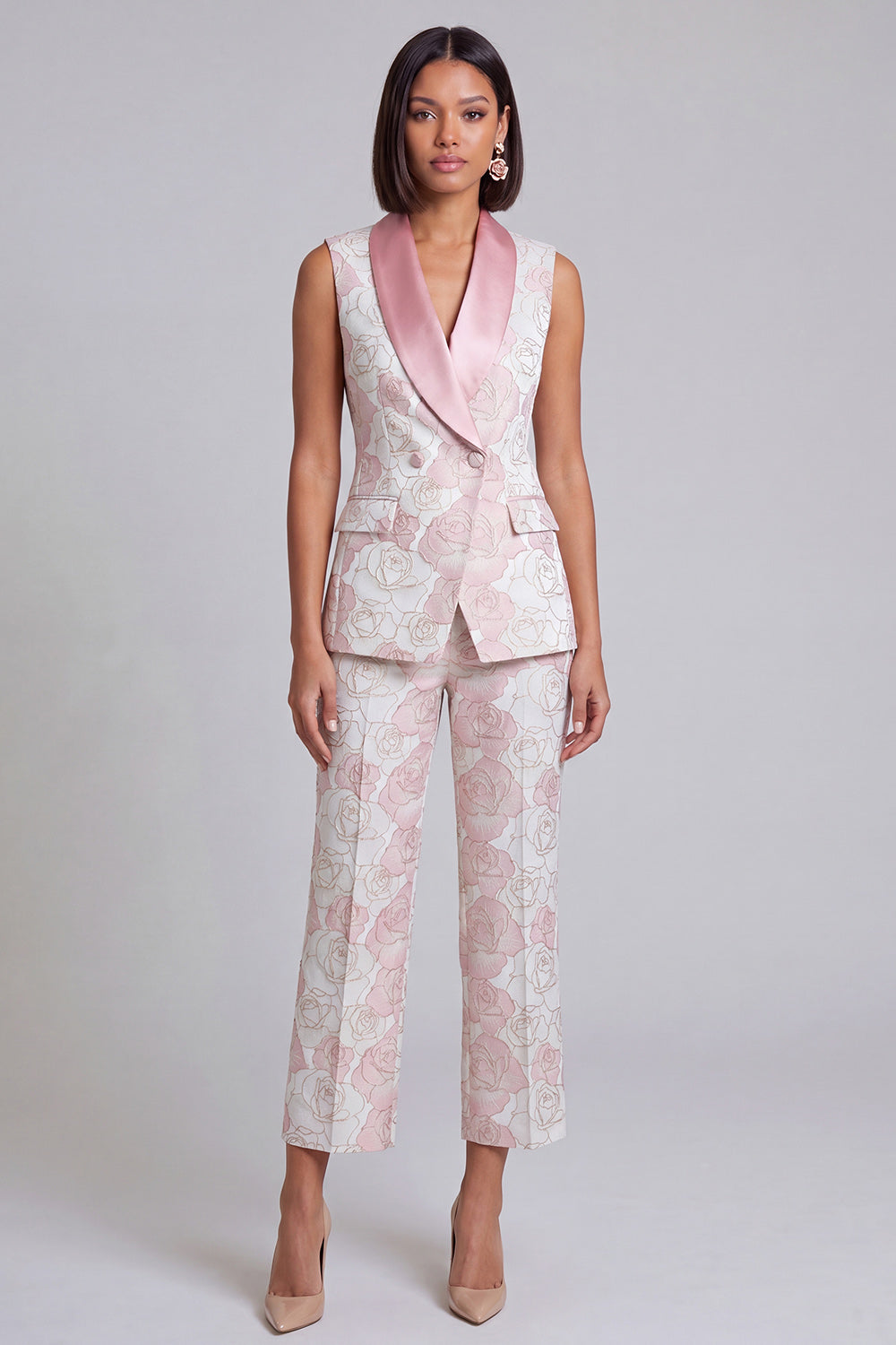 Ensemble deux pièces bleu à revers châle, floral et croisé pour femme avec poches