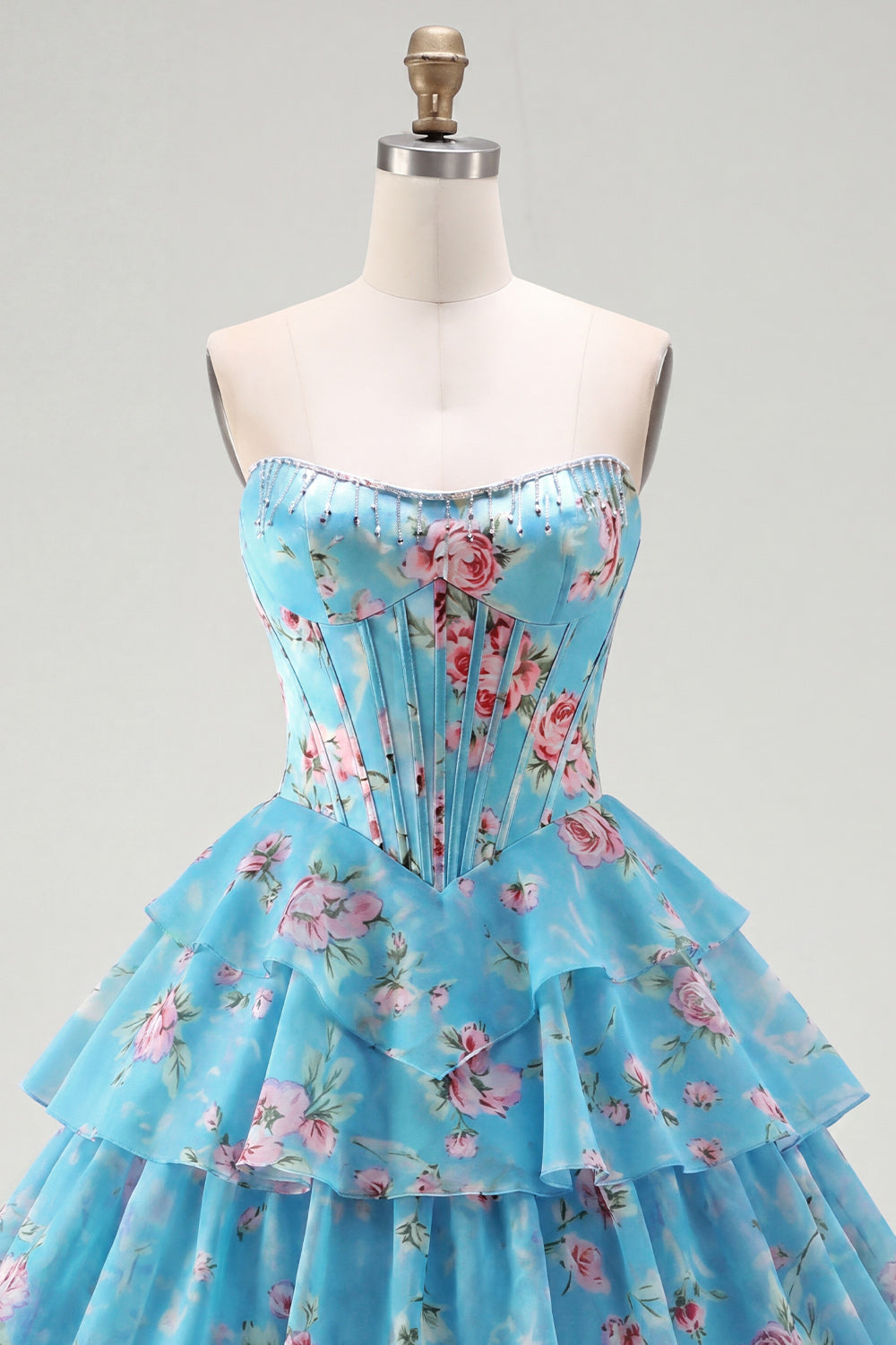 Robe de bal A-Line bustier corset jaune à fleurs étagée